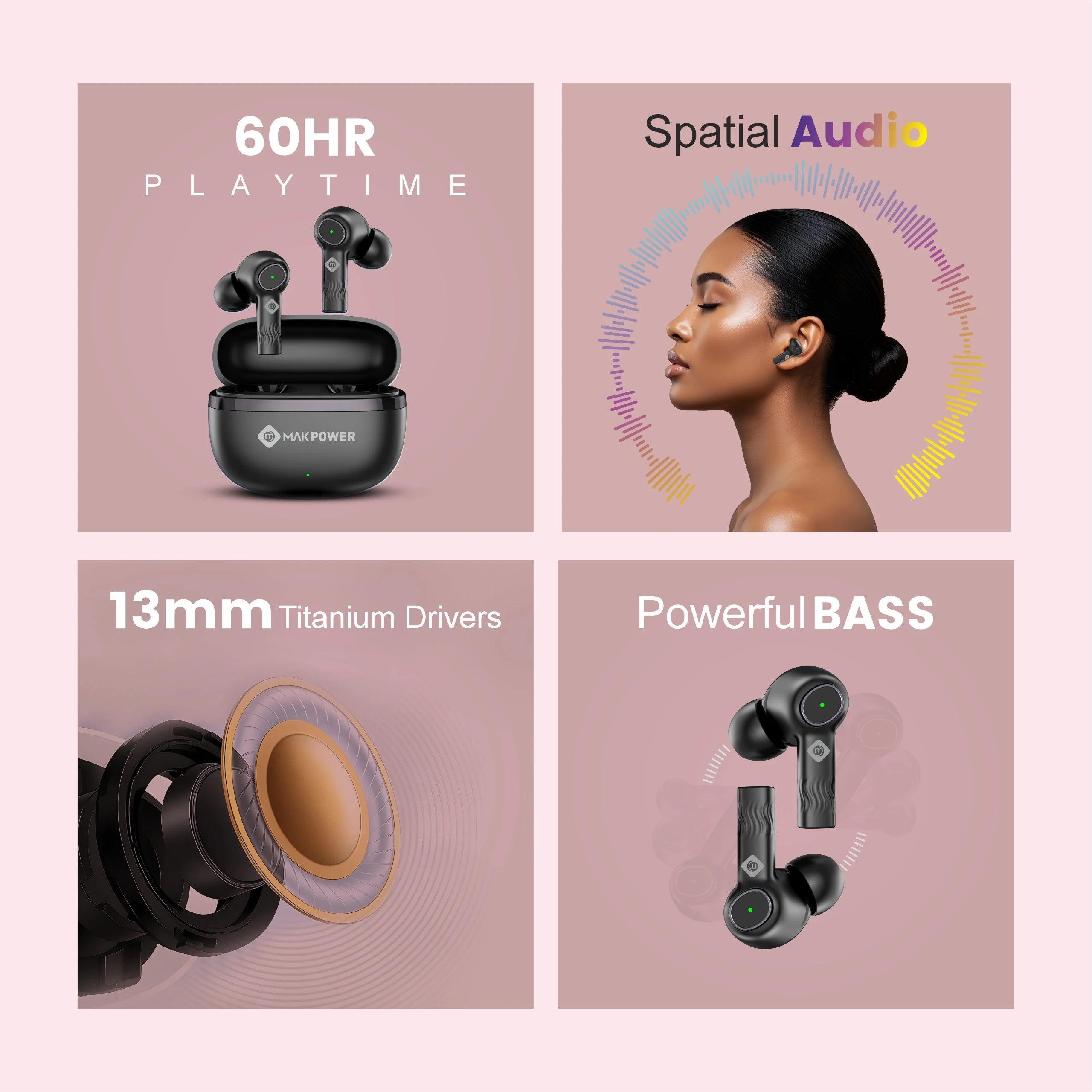 Mak Power BUDS-NXT Wireless Earbuds 114 Black  with 13MM Titanium Drivers