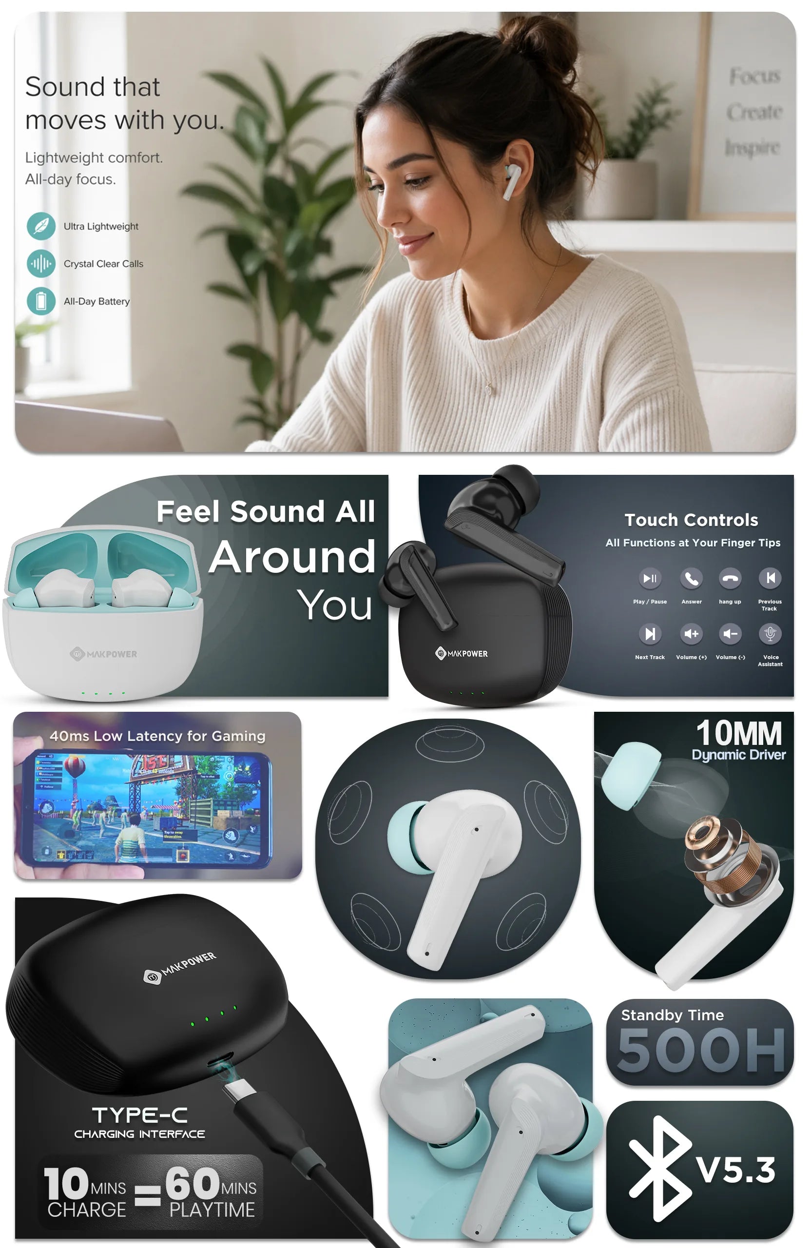 Wireless earbuds with large Playback time