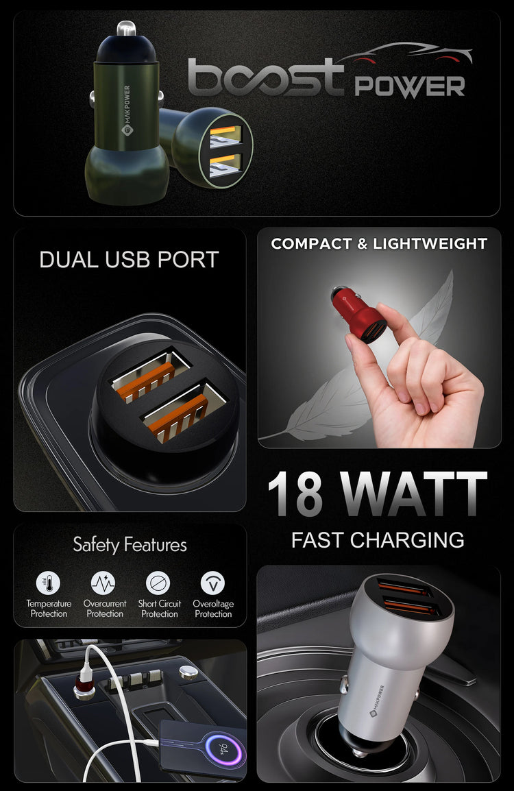 Mak Power BOOST POWER 18W Dual USB Car Charger 18W Black
